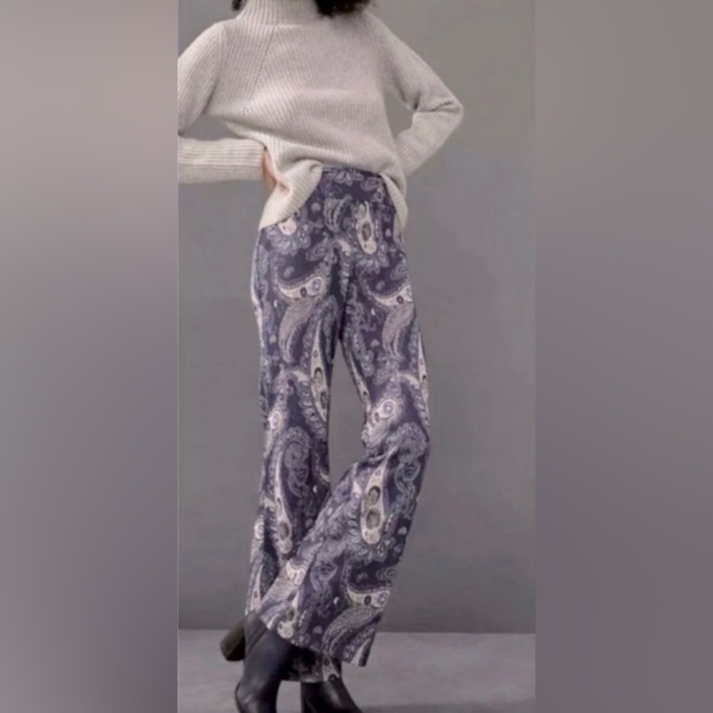 Anthropologie Maeve Maria jacquard flare pant in blue paisley metallic print